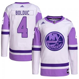 Adidas Samuel Bolduc New York Islanders Men's Authentic Hockey Fights Cancer Primegreen Jersey - White/Purple