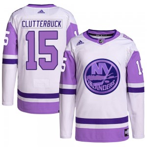 Adidas Cal Clutterbuck New York Islanders Men's Authentic Hockey Fights Cancer Primegreen Jersey - White/Purple