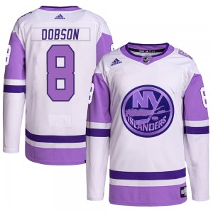 Adidas Noah Dobson New York Islanders Men's Authentic Hockey Fights Cancer Primegreen Jersey - White/Purple