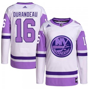 Adidas Arnaud Durandeau New York Islanders Men's Authentic Hockey Fights Cancer Primegreen Jersey - White/Purple