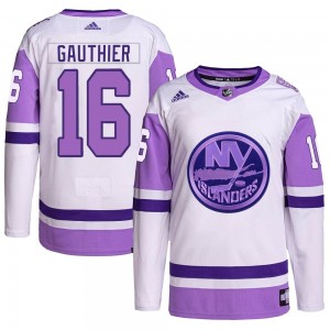 Adidas Julien Gauthier New York Islanders Men's Authentic Hockey Fights Cancer Primegreen Jersey - White/Purple