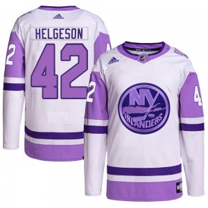 Adidas Seth Helgeson New York Islanders Men's Authentic Hockey Fights Cancer Primegreen Jersey - White/Purple