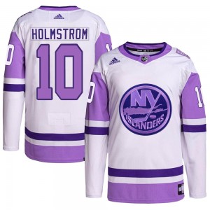 Adidas Simon Holmstrom New York Islanders Men's Authentic Hockey Fights Cancer Primegreen Jersey - White/Purple