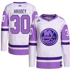 Adidas Kelly Hrudey New York Islanders Men's Authentic Hockey Fights Cancer Primegreen Jersey - White/Purple