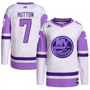 Adidas Grant Hutton New York Islanders Men's Authentic Hockey Fights Cancer Primegreen Jersey - White/Purple