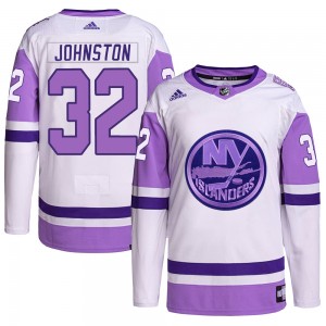 Adidas Ross Johnston New York Islanders Men's Authentic Hockey Fights Cancer Primegreen Jersey - White/Purple