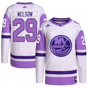 Adidas Brock Nelson New York Islanders Men's Authentic Hockey Fights Cancer Primegreen Jersey - White/Purple