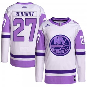 Adidas Alexander Romanov New York Islanders Men's Authentic Hockey Fights Cancer Primegreen Jersey - White/Purple