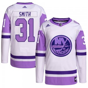 Adidas Billy Smith New York Islanders Men's Authentic Hockey Fights Cancer Primegreen Jersey - White/Purple