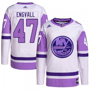 Adidas Pierre Engvall New York Islanders Youth Authentic Hockey Fights Cancer Primegreen Jersey - White/Purple