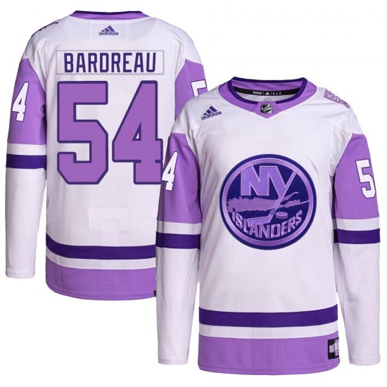 Adidas Cole Bardreau New York Islanders Men's Authentic Hockey Fights Cancer Primegreen Jersey - White/Purple