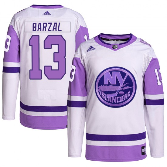 Adidas Mathew Barzal New York Islanders Men's Authentic Hockey Fights Cancer Primegreen Jersey - White/Purple