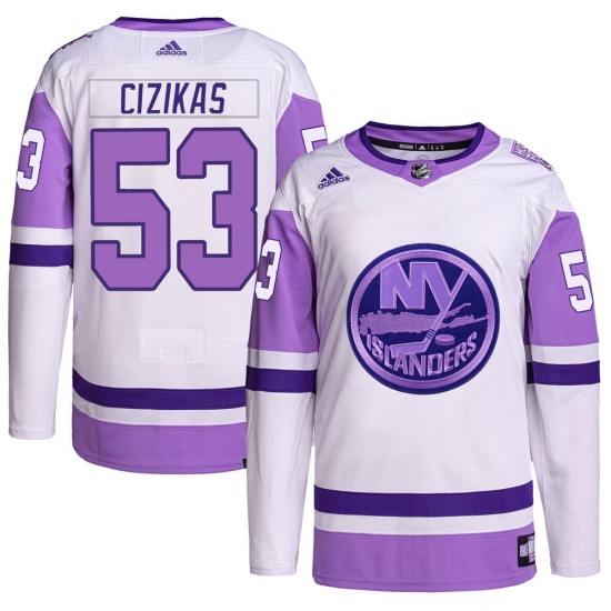 Adidas Casey Cizikas New York Islanders Men's Authentic Hockey Fights Cancer Primegreen Jersey - White/Purple