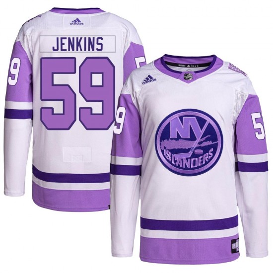 Adidas Blade Jenkins New York Islanders Men's Authentic Hockey Fights Cancer Primegreen Jersey - White/Purple