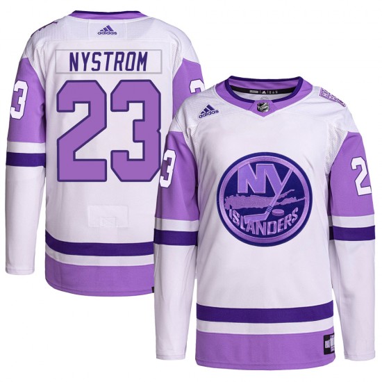 Adidas Bob Nystrom New York Islanders Men's Authentic Hockey Fights Cancer Primegreen Jersey - White/Purple