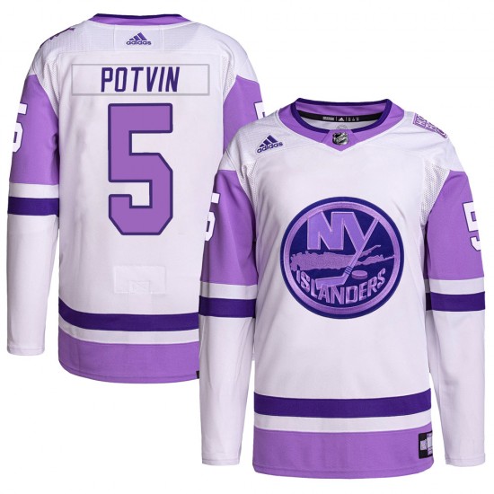 Adidas Denis Potvin New York Islanders Men's Authentic Hockey Fights Cancer Primegreen Jersey - White/Purple