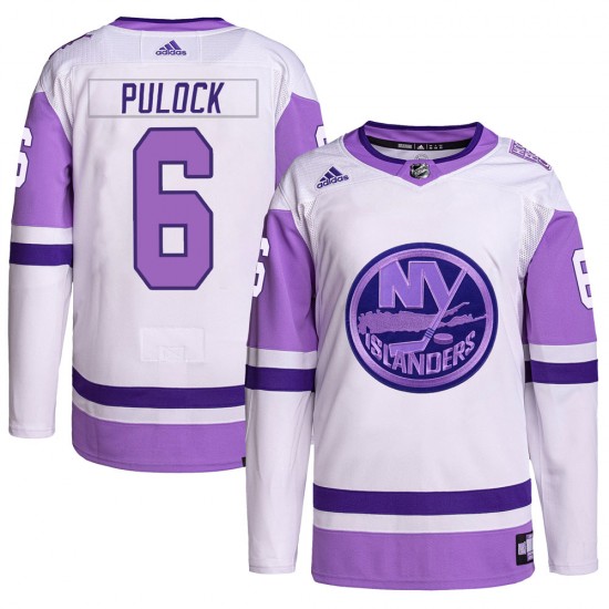 Adidas Ryan Pulock New York Islanders Men's Authentic Hockey Fights Cancer Primegreen Jersey - White/Purple