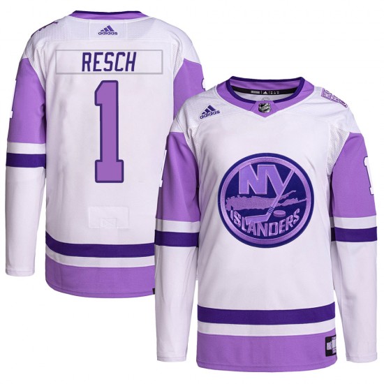 Adidas Glenn Resch New York Islanders Men's Authentic Hockey Fights Cancer Primegreen Jersey - White/Purple