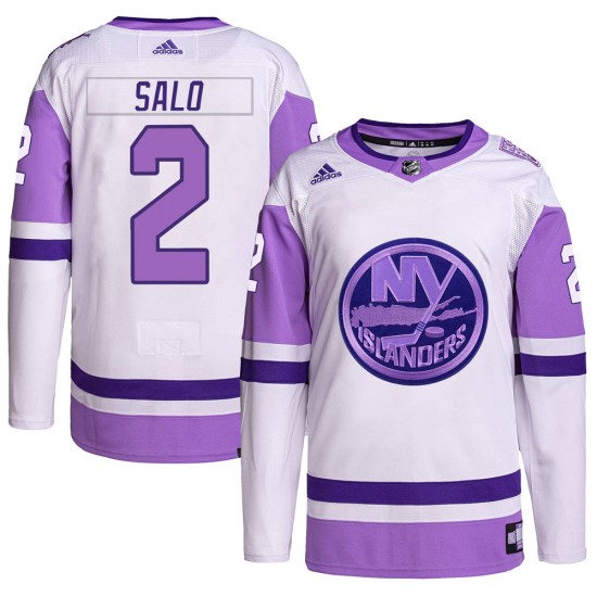Adidas Robin Salo New York Islanders Men's Authentic Hockey Fights Cancer Primegreen Jersey - White/Purple