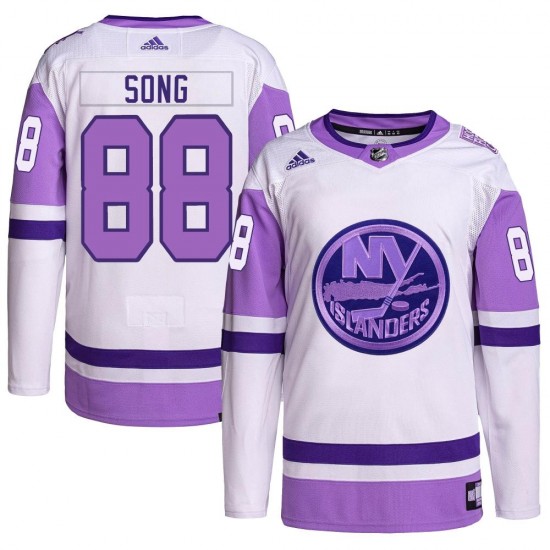Adidas Andong Song New York Islanders Men's Authentic Hockey Fights Cancer Primegreen Jersey - White/Purple