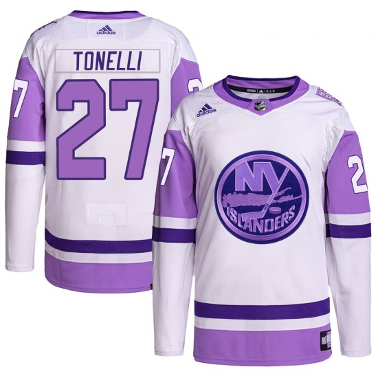 Adidas John Tonelli New York Islanders Men's Authentic Hockey Fights Cancer Primegreen Jersey - White/Purple