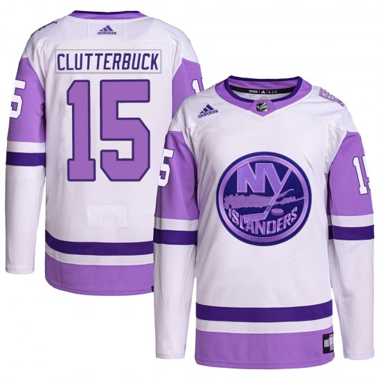 Adidas Cal Clutterbuck New York Islanders Youth Authentic Hockey Fights Cancer Primegreen Jersey - White/Purple