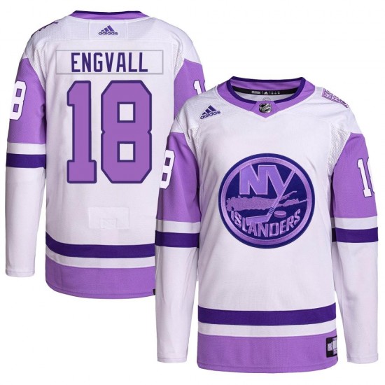 Adidas Pierre Engvall New York Islanders Youth Authentic Hockey Fights Cancer Primegreen Jersey - White/Purple