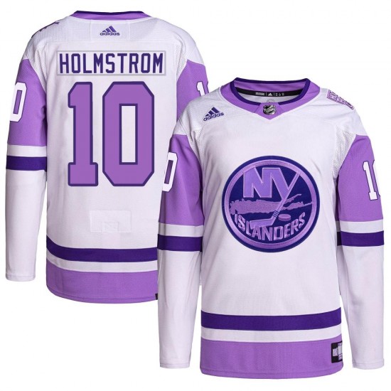 Adidas Simon Holmstrom New York Islanders Youth Authentic Hockey Fights Cancer Primegreen Jersey - White/Purple