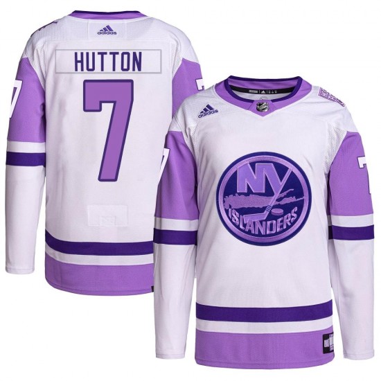 Adidas Grant Hutton New York Islanders Youth Authentic Hockey Fights Cancer Primegreen Jersey - White/Purple