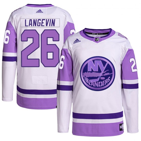 Adidas Dave Langevin New York Islanders Youth Authentic Hockey Fights Cancer Primegreen Jersey - White/Purple