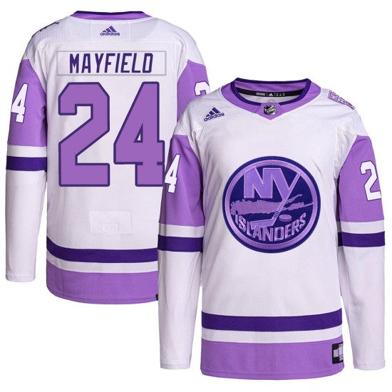 Adidas Scott Mayfield New York Islanders Youth Authentic Hockey Fights Cancer Primegreen Jersey - White/Purple