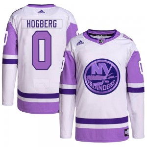 Adidas Marcus Hogberg New York Islanders Men's Authentic Hockey Fights Cancer Primegreen Jersey - White/Purple