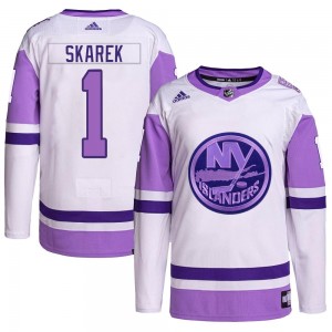 Adidas Jakub Skarek New York Islanders Men's Authentic Hockey Fights Cancer Primegreen Jersey - White/Purple